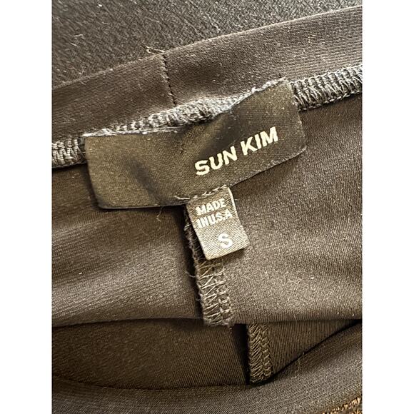 SUN KIM Colorblock Tunic Top Long Sleeve Asymmetric Pocket Hem Black Brown S - Picture 3 of 7